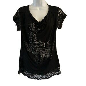 Tango Mango Tunic Top Sz L Black w/3D Silver Floral Print Lace Whimsygoth Fairy